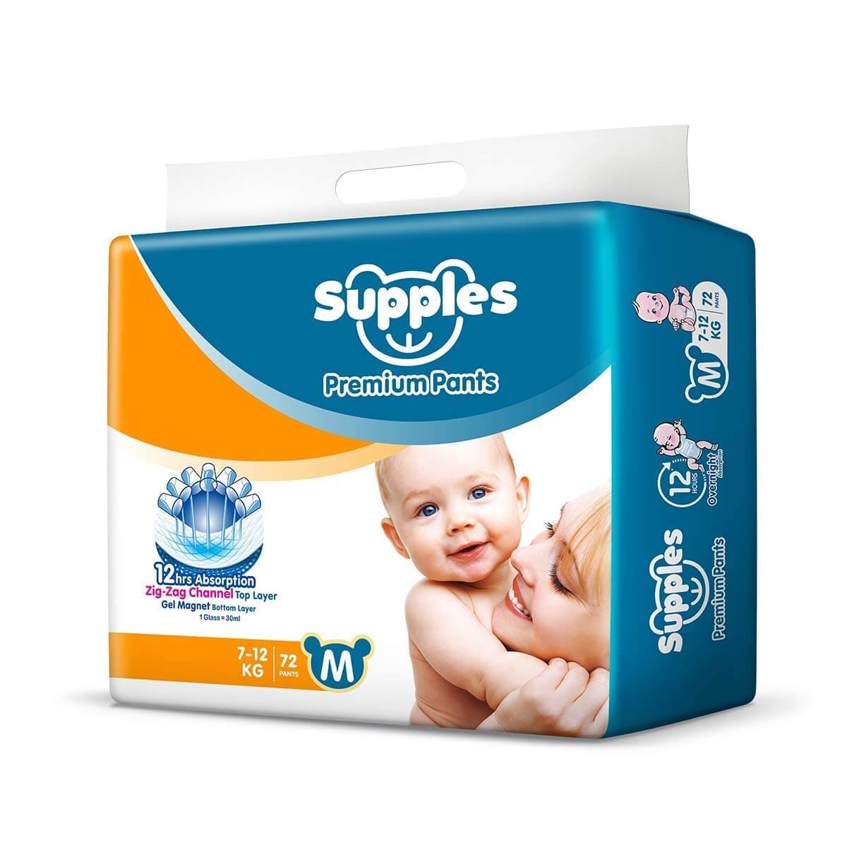 Supples Baby Pants Diapers, Medium (7-12 kg), 72 Count